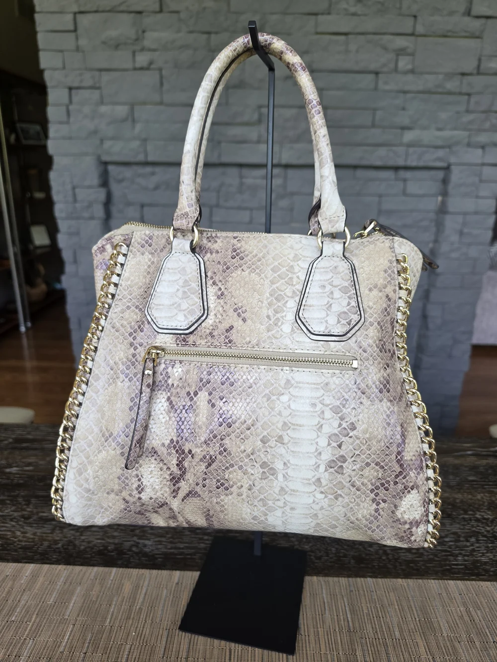 GUESS Women's Snake-Embossed Satchel in Cream with Gold Chain Accents